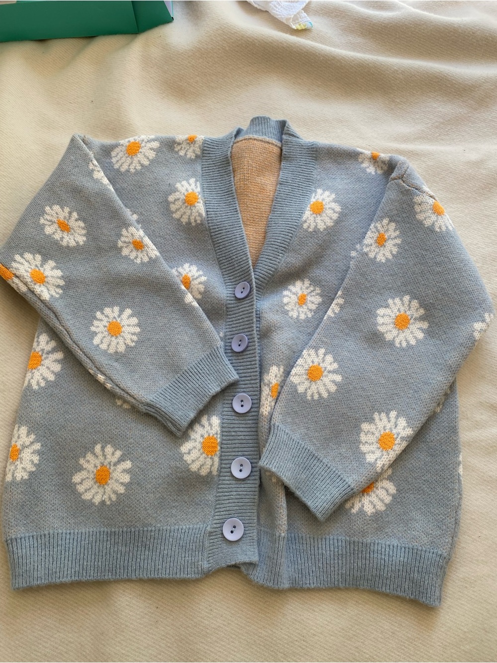 Daisy Print Cardigan Sweater Blue Floral Button Front Cozy Knit